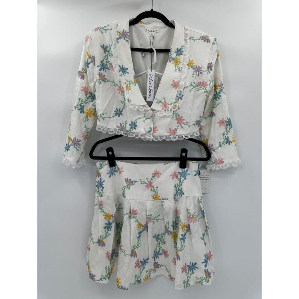 For Love & Lemons Majorie Floral Skirt Blazer Set Whit Lace Pleated Size Large